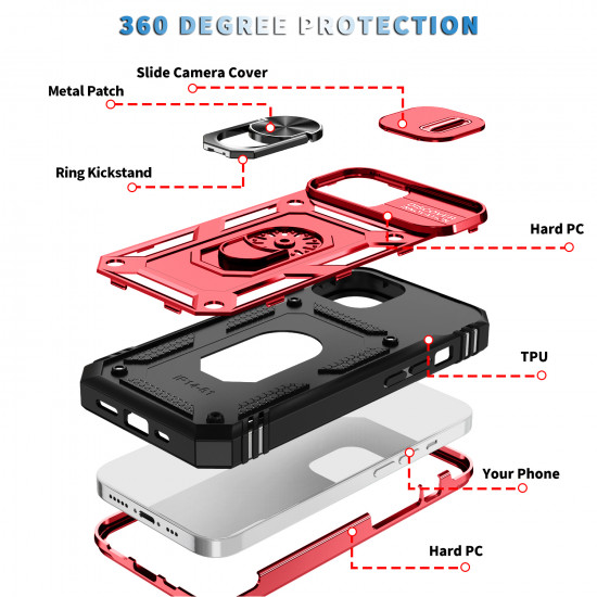 Heavy Duty Tech Armor Ring Stand Lens Cover Grip Case with Metal Plate for Apple iPhone 14 Max Plus [6.7] (Red)