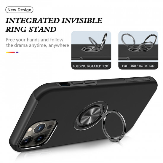 Glossy Dual Layer Armor Hybrid Stand Metal Plate Flat Ring Case for Apple iPhone 14 Pro [6.1] (Black)