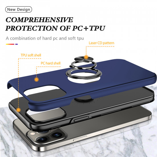 Glossy Dual Layer Armor Hybrid Stand Metal Plate Flat Ring Case for Apple iPhone 14 Pro [6.1] (Navy Blue)