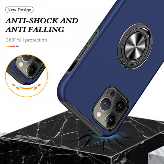 Glossy Dual Layer Armor Hybrid Stand Metal Plate Flat Ring Case for Apple iPhone 14 Pro Max [6.7] (Navy Blue)