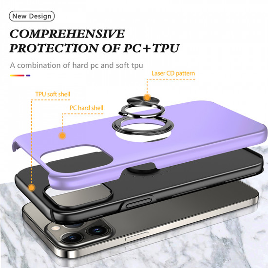 Glossy Dual Layer Armor Hybrid Stand Metal Plate Flat Ring Case for Apple iPhone 14 Pro Max [6.7] (Purple)