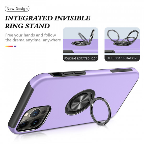 Glossy Dual Layer Armor Hybrid Stand Metal Plate Flat Ring Case for Apple iPhone 14 Pro [6.1] (Purple)