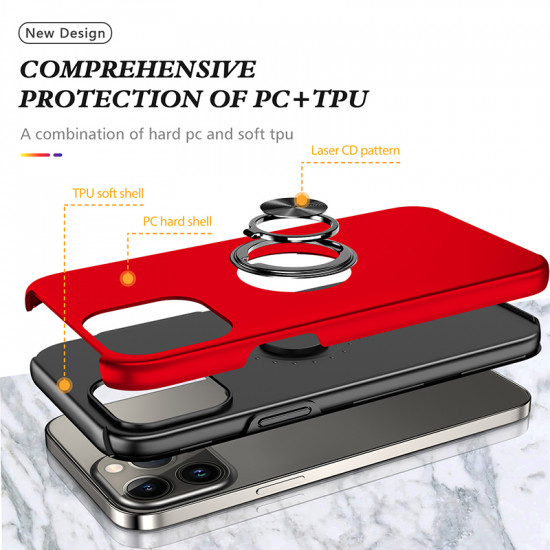 Glossy Dual Layer Armor Hybrid Stand Metal Plate Flat Ring Case for Apple iPhone 14 Pro Max [6.7] (Red)