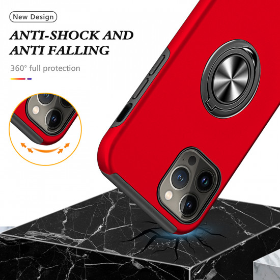 Glossy Dual Layer Armor Hybrid Stand Metal Plate Flat Ring Case for Apple iPhone 14 Pro Max [6.7] (Red)