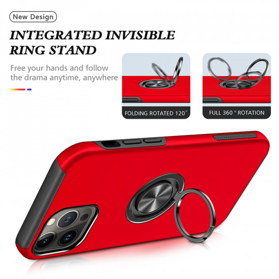 Glossy Dual Layer Armor Hybrid Stand Metal Plate Flat Ring Case for Apple iPhone 14 Pro Max [6.7] (Red)