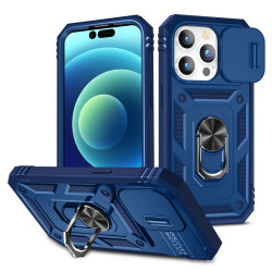 Heavy Duty Tech Armor Ring Stand Lens Cover Grip Case with Metal Plate for Apple iPhone 14 Pro [6.1] (Navy Blue)