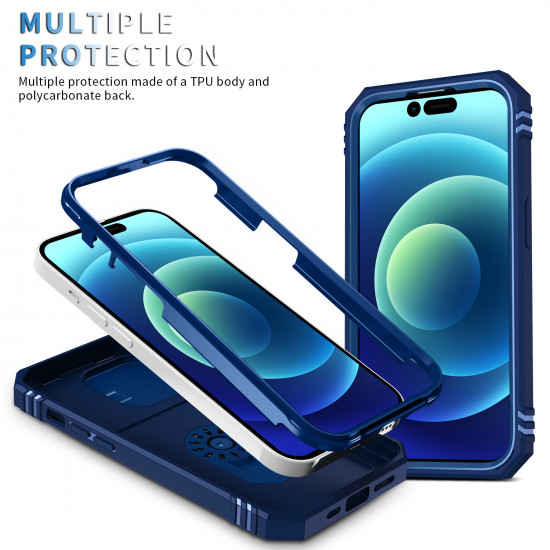 Heavy Duty Tech Armor Ring Stand Lens Cover Grip Case with Metal Plate for Apple iPhone 14 Pro [6.1] (Navy Blue)