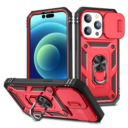 Heavy Duty Tech Armor Ring Stand Lens Cover Grip Case with Metal Plate for Apple iPhone 14 Pro [6.1] (Red)