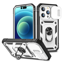 Heavy Duty Tech Armor Ring Stand Lens Cover Grip Case with Metal Plate for Apple iPhone 14 Pro [6.1] (White)