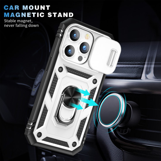 Heavy Duty Tech Armor Ring Stand Lens Cover Grip Case with Metal Plate for Apple iPhone 14 Pro [6.1] (White)