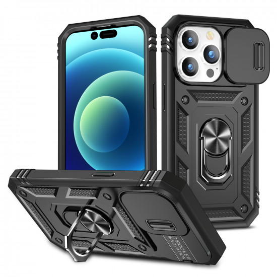 Heavy Duty Tech Armor Ring Stand Lens Cover Grip Case with Metal Plate for Apple iPhone 14 Pro Max [6.7] (Black)