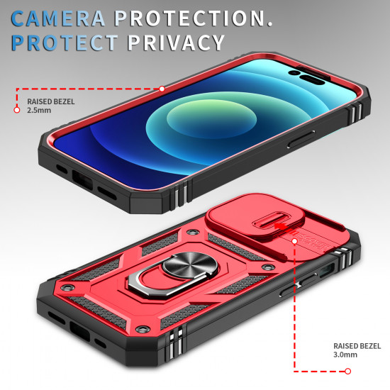 Heavy Duty Tech Armor Ring Stand Lens Cover Grip Case with Metal Plate for Apple iPhone 14 Pro Max [6.7] (Red)