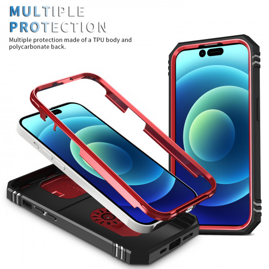 Heavy Duty Tech Armor Ring Stand Lens Cover Grip Case with Metal Plate for Apple iPhone 14 Pro Max [6.7] (Red)