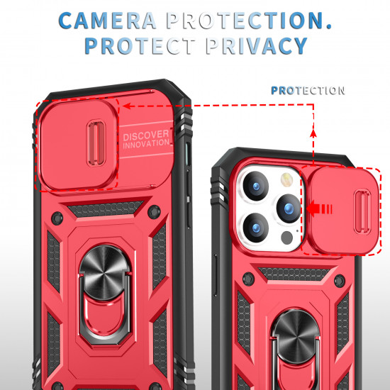 Heavy Duty Tech Armor Ring Stand Lens Cover Grip Case with Metal Plate for Apple iPhone 14 Pro Max [6.7] (Red)