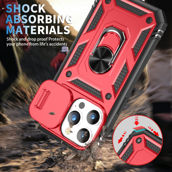 Heavy Duty Tech Armor Ring Stand Lens Cover Grip Case with Metal Plate for Apple iPhone 14 Pro Max [6.7] (Red)