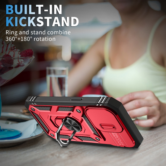 Heavy Duty Tech Armor Ring Stand Lens Cover Grip Case with Metal Plate for Apple iPhone 14 Pro Max [6.7] (Red)