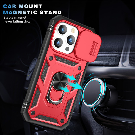 Heavy Duty Tech Armor Ring Stand Lens Cover Grip Case with Metal Plate for Apple iPhone 14 Pro Max [6.7] (Red)