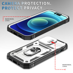 Heavy Duty Tech Armor Ring Stand Lens Cover Grip Case with Metal Plate for Apple iPhone 14 Pro Max [6.7] (White)