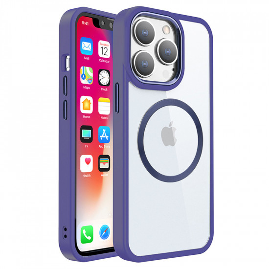 Transparent Chrome Button Magnetic MagSafe Circle Corner Protection Cover Case for iPhone 14 Pro 6.1-(Purple)