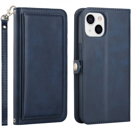 Premium PU Leather Wallet Case, Card Holder Slots, Kickstand, Full Protection, for iPhone 15 - Shockproof, Anti-Scratch, Lightweight (NavyBlue)