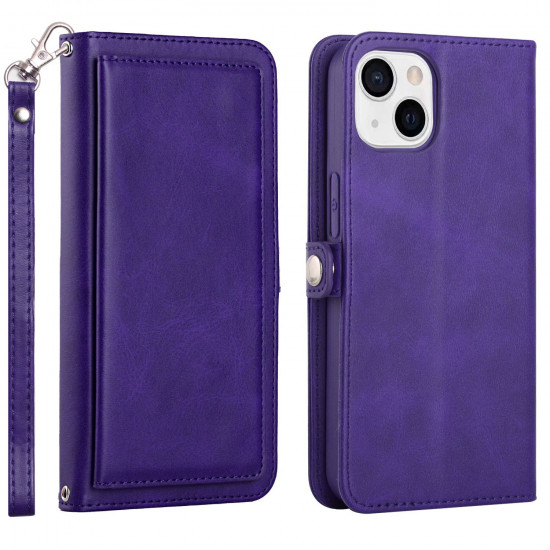 Premium PU Leather Wallet Case, Card Holder Slots, Kickstand, Full Protection, for iPhone 15 - Shockproof, Anti-Scratch, Lightweight (Purple)