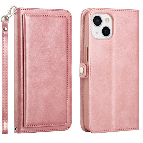 Premium PU Leather Wallet Case, Card Holder Slots, Kickstand, Full Protection, for iPhone 15 - Shockproof, Anti-Scratch, Lightweight (RoseGold)