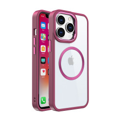 Shockproof Transparent Chrome Button Magnetic MagSafe Circle Corner Protection Case for Apple iPhone 15 Plus (Hot Pink)