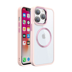 Shockproof Transparent Chrome Button Magnetic MagSafe Circle Corner Protection Case for Apple iPhone 15 Plus (Rose Pink)