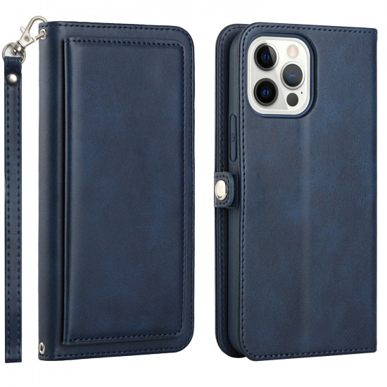 Premium PU Leather Wallet Case, Card Slots, Shockproof Protection for iPhone 15 Pro Max (Navy Blue)