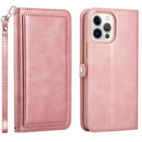 Premium PU Leather Wallet Case, Card Slots, Shockproof Protection for iPhone 15 Pro Max (Rose Gold)