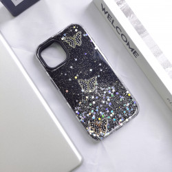 Shockproof Butterfly Crystal Glitter Rainbow Case for iPhone 15 Pro Max: Slim, Anti-Scratch, Glossy Finish, TPU Material, Accessible Controls (Black)