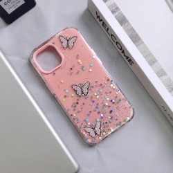 Shockproof Butterfly Crystal Glitter Case for iPhone 15 Pro - Slim, Anti-Scratch Cover with Rainbow Sparkles, Glossy Finish & 360 Protection (Pink)