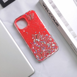 Shockproof Butterfly Crystal Glitter Case for iPhone 15 Pro - Slim, Anti-Scratch Cover with Rainbow Sparkles, Glossy Finish & 360 Protection (Red)