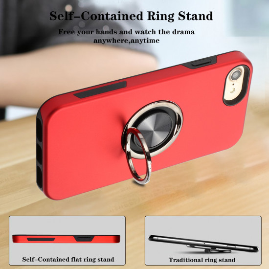 Glossy Dual Layer Armor Hybrid Stand Metal Plate Flat Ring Case for Apple iPhone 8 Plus / 7 Plus (Red)