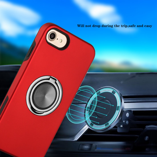Glossy Dual Layer Armor Hybrid Stand Metal Plate Flat Ring Case for Apple iPhone 8 Plus / 7 Plus (Red)