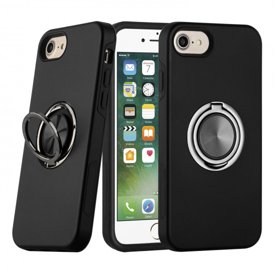 Glossy Dual Layer Armor Hybrid Stand Metal Plate Flat Ring Case for Apple iPhone 8 Plus / 7 Plus (Black)