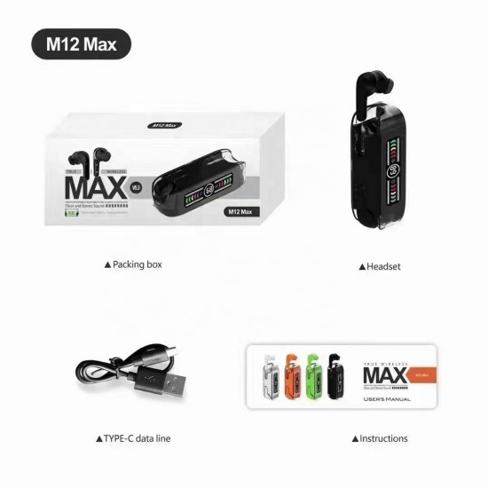 Premium TWS Bluetooth Earbuds M12Max, Crystal Clear Shell, Superior Sound, Battery Display, Built-in Mic, Universal Compatibility (Black)