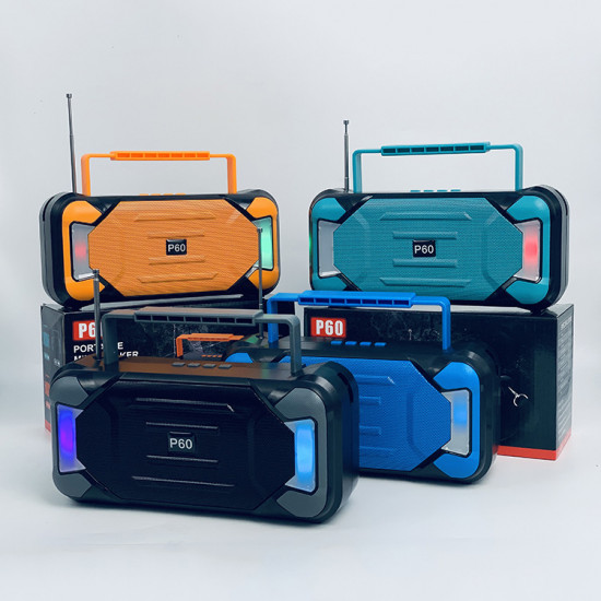 Portable P60 RGB LED Bluetooth Speaker, Universal Compatibility, SD and USB Slots, FM Radio, Durable Shell, Travel-Friendly, Quality Sound (Blue)