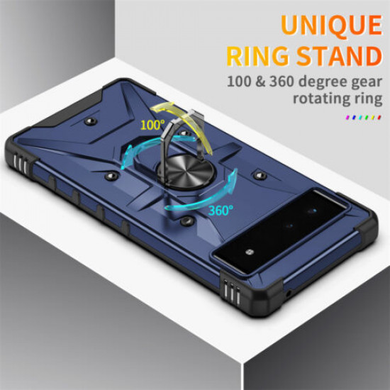 Shockproof Tech Armor Ring Stand Rugged Case with Metal Plate for Google Pixel 7 (Black)