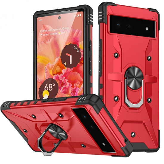 Shockproof Tech Armor Ring Stand Rugged Case with Metal Plate for Google Pixel 7 (Red)