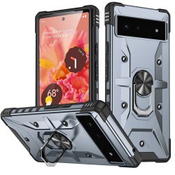 Shockproof Tech Armor Ring Stand Rugged Case with Metal Plate for Google Pixel 7 (Silver)