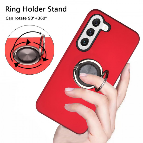 Glossy Dual Layer Armor Hybrid Stand Metal Plate Flat Ring Case for Samsung Galaxy S23 Plus 5G (Red)