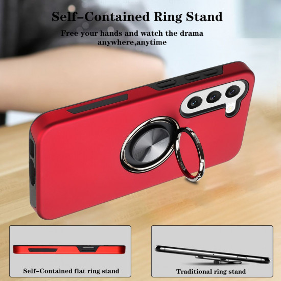 Glossy Dual Layer Armor Hybrid Stand Metal Plate Flat Ring Case for Samsung Galaxy S23 Plus 5G (Red)