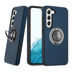 Glossy Dual Layer Armor Hybrid Stand Metal Plate Flat Ring Case for Samsung Galaxy S23 Plus 5G (Navy Blue)