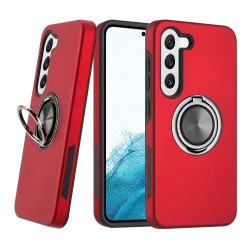 Glossy Dual Layer Armor Hybrid Stand Metal Plate Flat Ring Case for Samsung Galaxy S23 5G (Red)