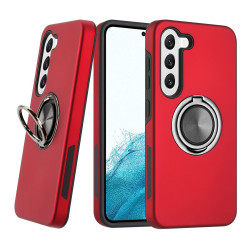 Glossy Dual Layer Armor Hybrid Stand Metal Plate Flat Ring Case for Samsung Galaxy S23 Plus 5G (Red)