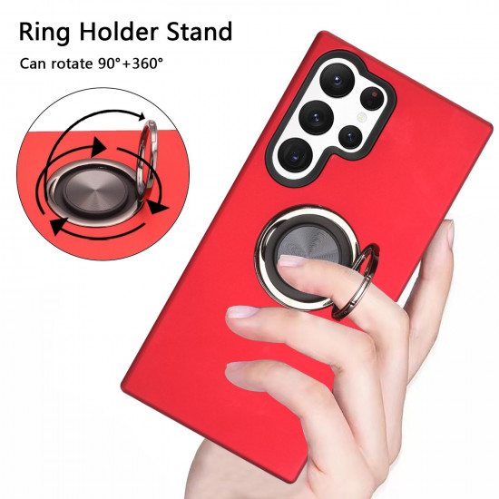 Glossy Dual Layer Armor Hybrid Stand Metal Plate Flat Ring Case for Samsung Galaxy S23 Ultra 5G (Navy Blue)
