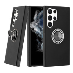 Glossy Dual Layer Armor Hybrid Stand Metal Plate Flat Ring Case for Samsung Galaxy S23 Ultra 5G (Black)