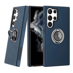 Glossy Dual Layer Armor Hybrid Stand Metal Plate Flat Ring Case for Samsung Galaxy S23 Ultra 5G (Navy Blue)