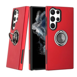 Glossy Dual Layer Armor Hybrid Stand Metal Plate Flat Ring Case for Samsung Galaxy S23 Ultra 5G (Red)